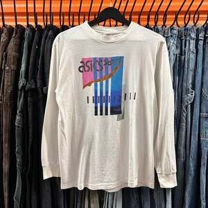 Vintage 90s Asics Long Sleeve Graphic T-Shirt - White Single Stitch - Large